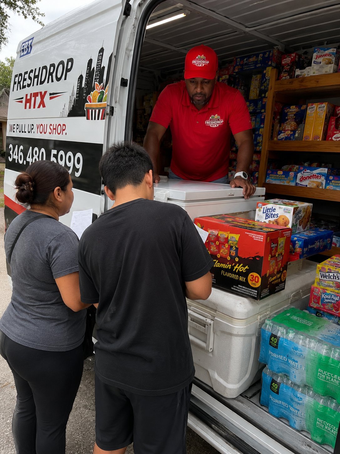 A FreshDrop HTX customer shopping at the back of the truck — a mom and her son looking at frozen and packaged grocery items