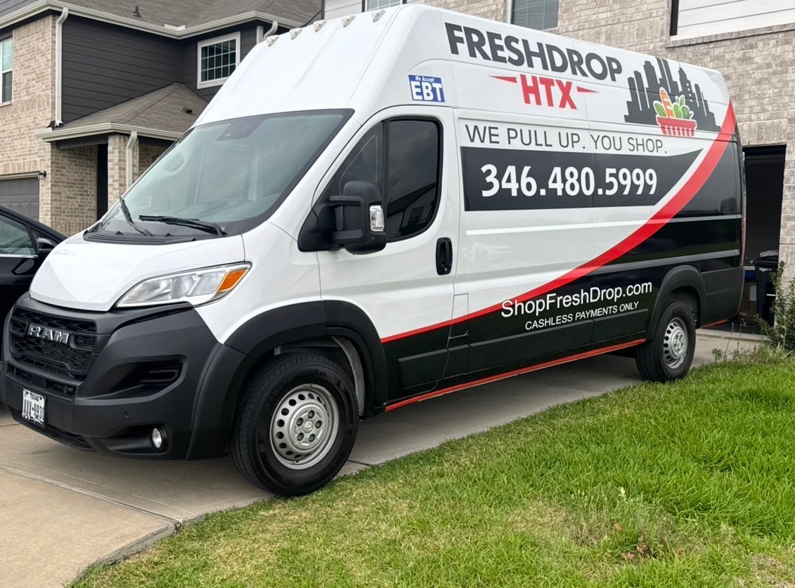 FreshDrop HTX mobile grocery truck with EBT badge